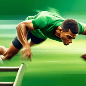 An athlete sprints through a ladder laid on a green field, legs a blur of motion, focused expression on their face.