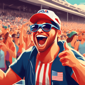 A casual fan wearing a USA hat and sunglasses, holding a beer and cheering in the stands of a crowded track and field stadium, with runners competing on the track in the background.