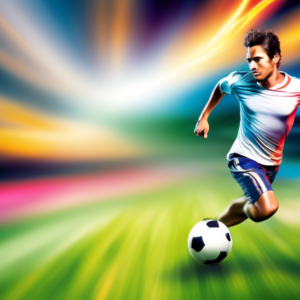 A soccer player leaving a blurred trail behind them as they sprint down the field, with a speedometer showing high speed.