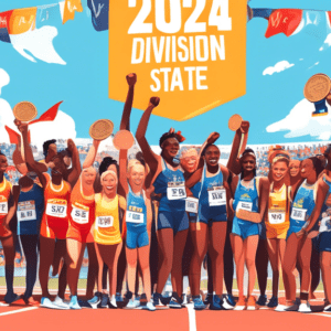 A diverse group of high school track and field athletes celebrating on a podium with medals, holding a banner that reads 2024 MHSAA Division 1 State Finals, with a bright, sunny sky and a packed stadi