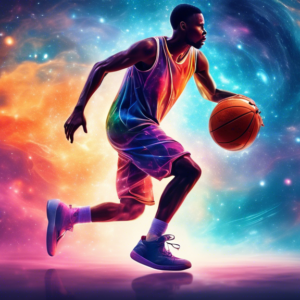 A basketball player dribbling through a hazy court with their mind represented as a swirling galaxy.