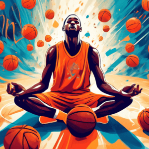 A basketball player meditating on a court with basketballs swirling around them at high speed.