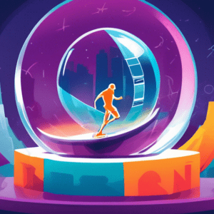 A crystal ball filled with a miniature track and field stadium with a ghostly figure holding a starting pistol and the NCAA logo floating above.