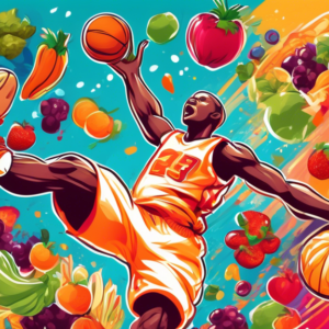 A basketball player soaring through the air for a slam dunk, fueled by colorful, healthy foods like fruits, vegetables, and whole grains.