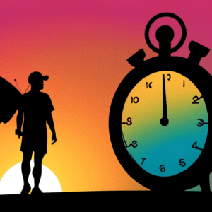 A track coach silhouetted against a sunset holding a stopwatch, with their shadow morphing into a butterfly.