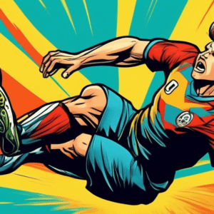 A soccer player soaring through the air for a header, with exaggerated, powerful leg muscles, in a dynamic comic book style.