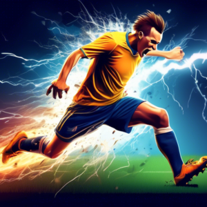 A soccer player breaking through a wall with explosive speed, surrounded by lightning bolts, with a soccer ball at their feet.