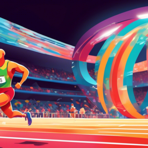 A muscular runner crossing a finish line in victory, a stadium filled with cheering fans, a digital timer displaying a new world record time, Olympic rings in the background