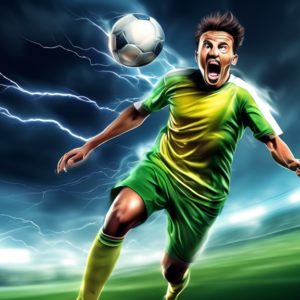 A soccer player reacting at lightning speed to a ball flying towards them, with motion blur and a determined expression.