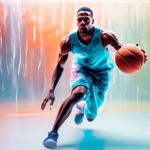 A basketball player doing speed training drills on the court with a determined look, overlayed with a translucent image of a recovery ice bath.