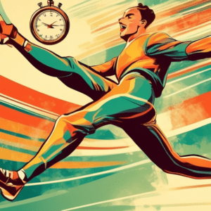 A vintage illustration of an athlete doing scissor kicks in mid-air, with a stopwatch in the background and speed lines emanating from their body.