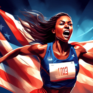 A triumphant female sprinter, draped in an American flag, crossing the finish line first with a determined expression, stadium lights gleaming in the background.