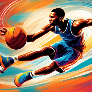 A basketball player soaring through the air with a basketball, leaving trails of motion blur, showcasing speed and agility.