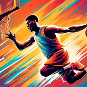 A basketball player soaring for a slam dunk with motion blur trails, showcasing speed and athleticism.