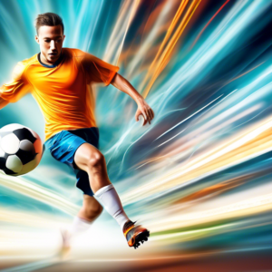 A soccer player leaving motion blur trails as they sprint across a futuristic training grid with a soccer ball.