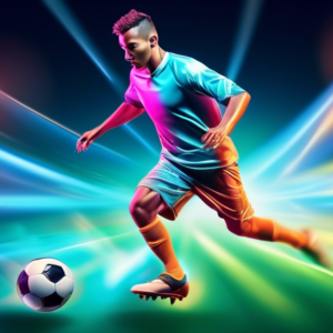 A soccer player performing high-speed dribbling drills with a blurred motion effect, surrounded by futuristic holographic cones.