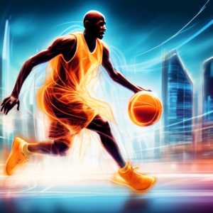 A basketball player leaving a glowing motion blur trail as they dribble a basketball with a futuristic cityscape in the background.