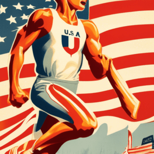 A vintage travel poster advertising the U.S. Track and Field Olympic Trials, featuring a stylized runner against a backdrop of an Olympic torch and a waving American flag.