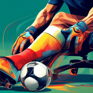 A soccer player getting a leg massage with a sports car engine superimposed over their leg muscles.