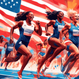 A montage of epic moments from the 2024 US Olympic Track and Field Trials with cheering crowds, triumphant athletes, and the American flag waving in the background.