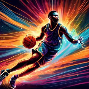 A basketball player surrounded by streaks of light, visualizing their speed and trajectory on the court.