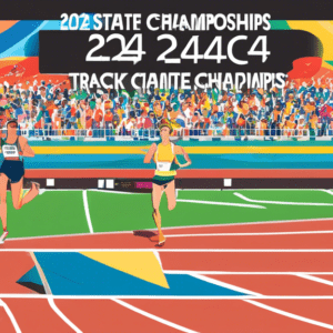 A digital scoreboard displaying 2024 WIAA State Track & Field Championships with a crowded track in the background and a runner crossing the finish line in victory.