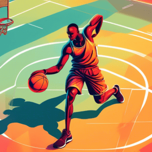 A basketball player stretching on a court with heat waves radiating off their body, with a stopwatch overlayed on the image.