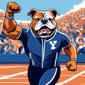 A Yale bulldog wearing a blue and white track and field uniform, holding a stopwatch and starting pistol, with a backdrop of a cheering crowd and a track and field stadium.